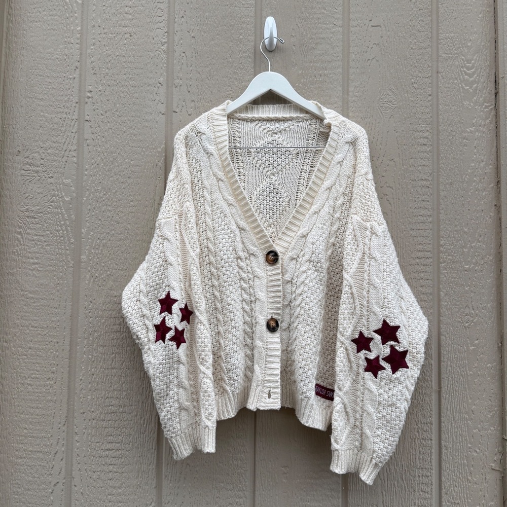 Taylor Swift XS/S Cardigan Folklore Star Patch Cream Cable Knit Sweater